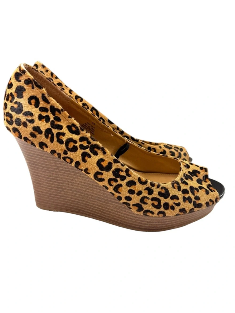 Express Leopard Animal “70’s” Print Hair Calf Peep Toe Wedge Heels (10)